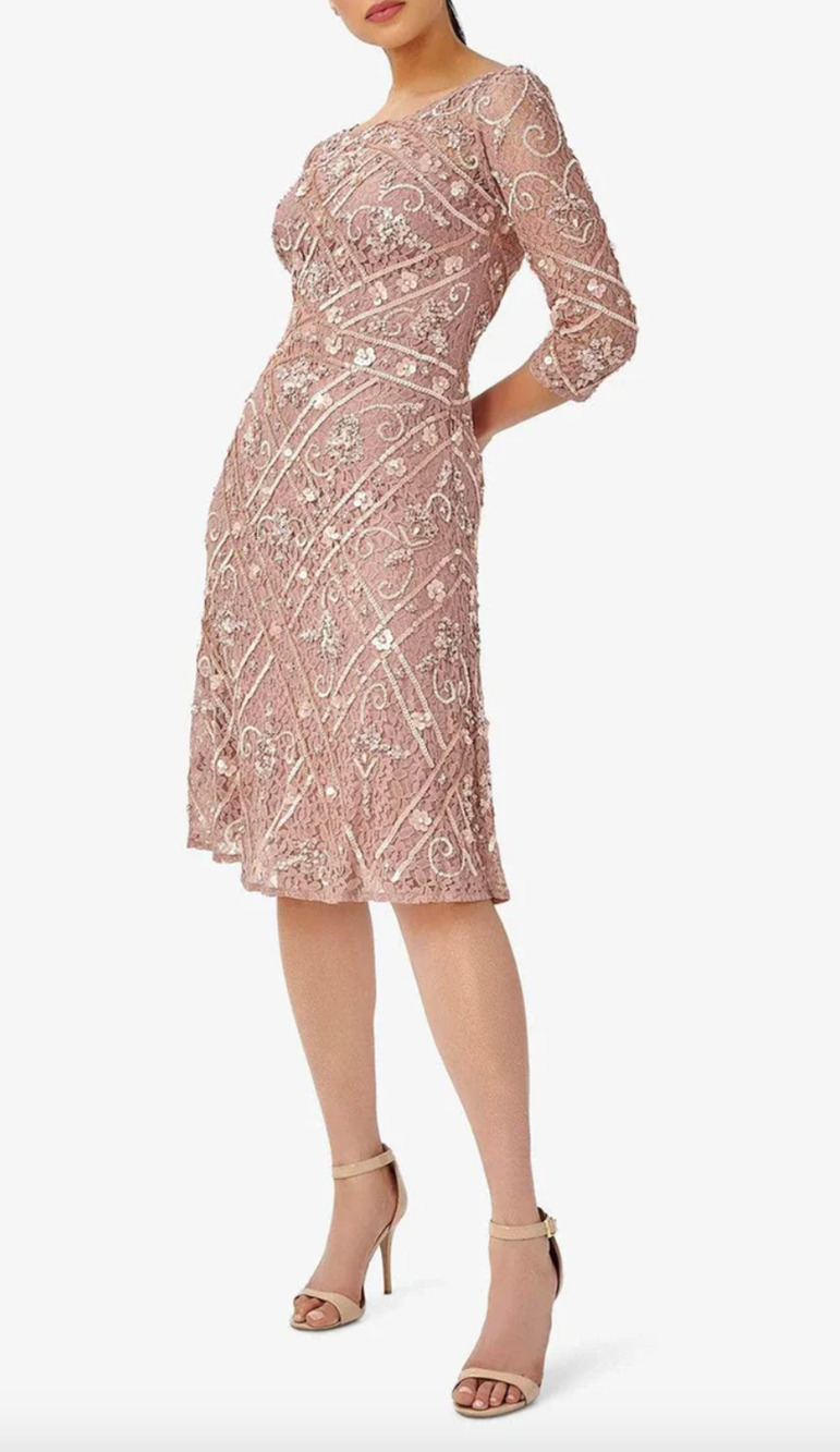 Adrianna Papell Sequin Beaded Boat Neck Dress Cocktail Rose Quartz US 4 NWT